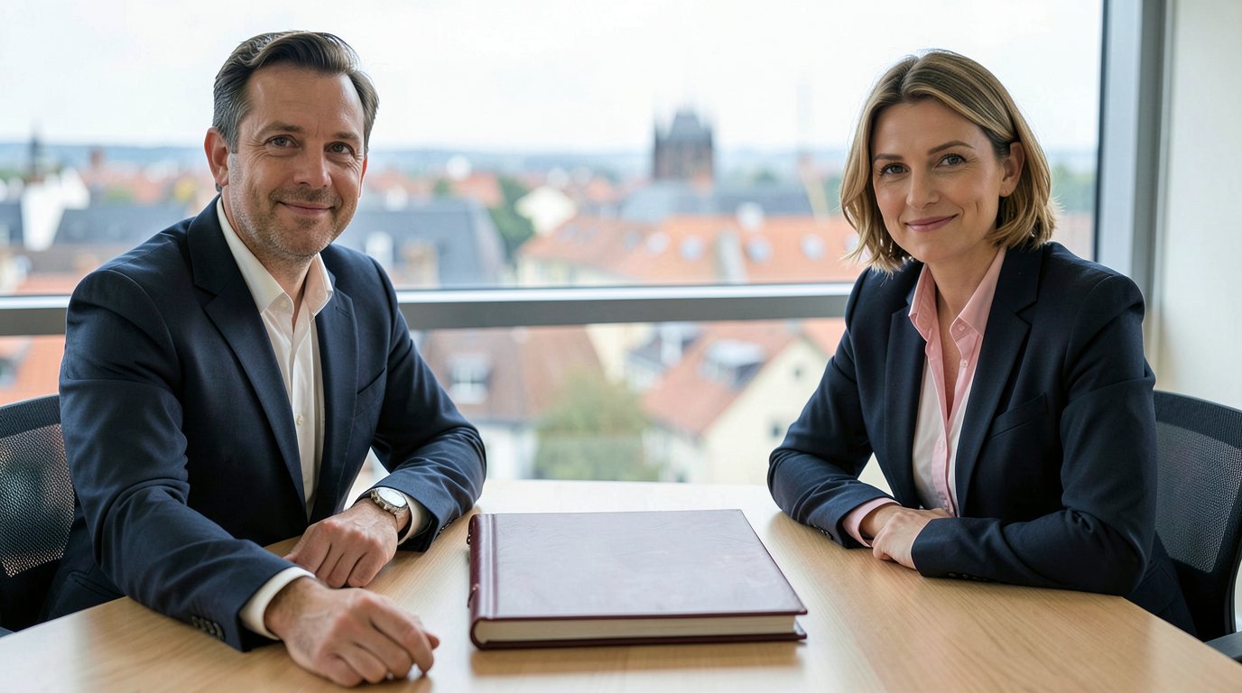 Ein Mann und eine Frau in dunklen Blazern sitzen an den beiden Seiten eines hellen Holztischs und blicken in die Kamera; zwischen ihnen auf dem Tisch liegt ein einzelner geschlossener, bordeauxroter gebundener Band, und das Fenster hinter ihnen zeigt rote Ziegeldächer einer Stadt