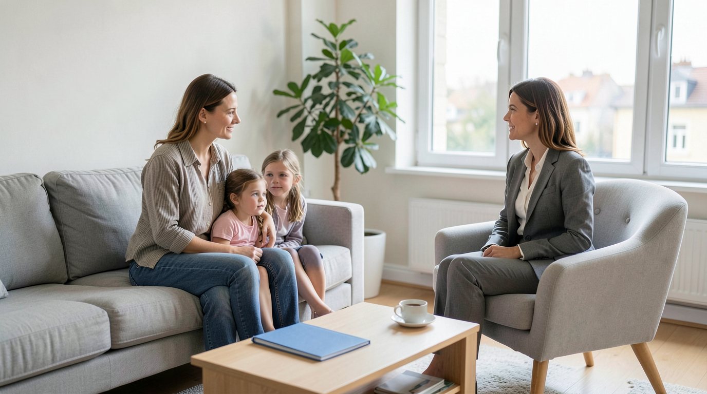 A mother in casual clothes sits on a light grey sofa with her two young daughters beside her in a bright European living room, talking with a female lawyer in a grey suit who sits in an armchair opposite, a closed plain blue folder and a cup of tea on the low wooden coffee table, a large window with soft daylight behind