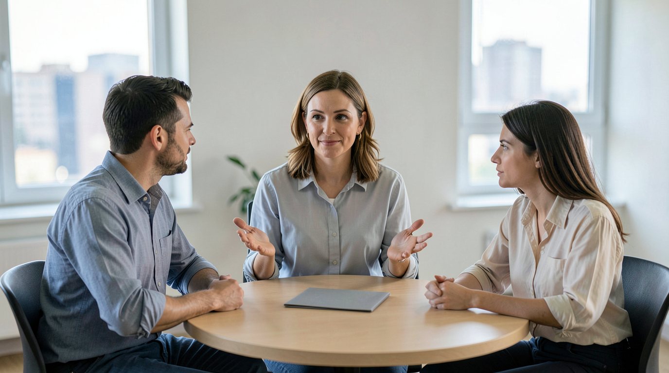 Tres adultos con ropa informal elegante sentados a una mesa redonda de madera clara en una sala de reuniones luminosa; la mujer del centro gesticula con las manos abiertas hacia los otros dos y sobre la mesa hay una carpeta gris lisa y cerrada