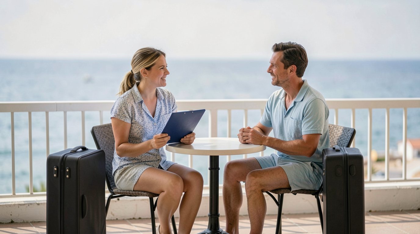 Ein erwachsenes Paar in legerer Sommerkleidung sitzt an einem Cafétisch auf der Terrasse eines Hotels am Meer, neben sich zwei schlichte dunkle Koffer; die Frau hält eine geschlossene schlichte blaue Mappe und spricht, während der Mann zuhört