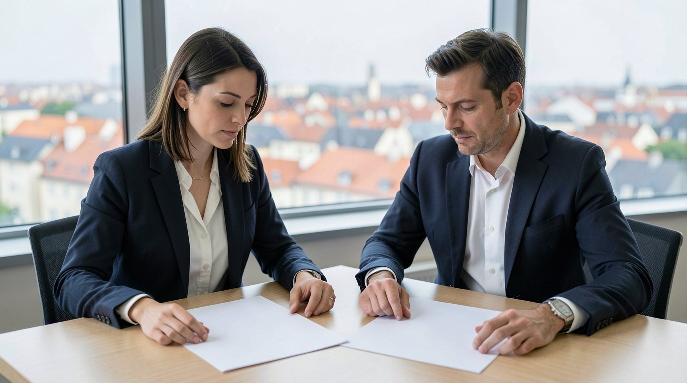 Two adults sit at a desk in a bright office and compare two plain, blank documents laid side by side, with European city rooftops visible through the window behind them