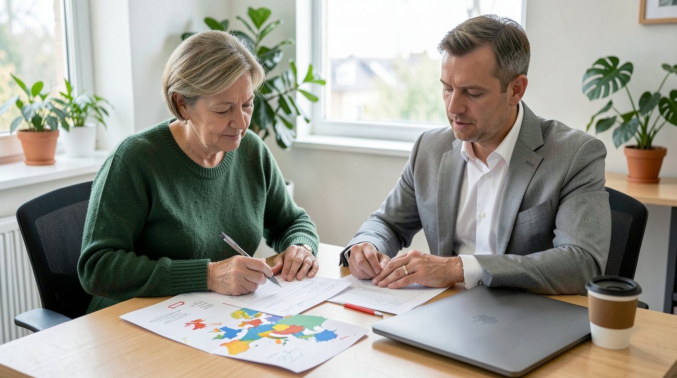 Small business owner and a lawyer completing a standardised claim form together at a desk, with an unpaid invoice and a map of Europe beside them