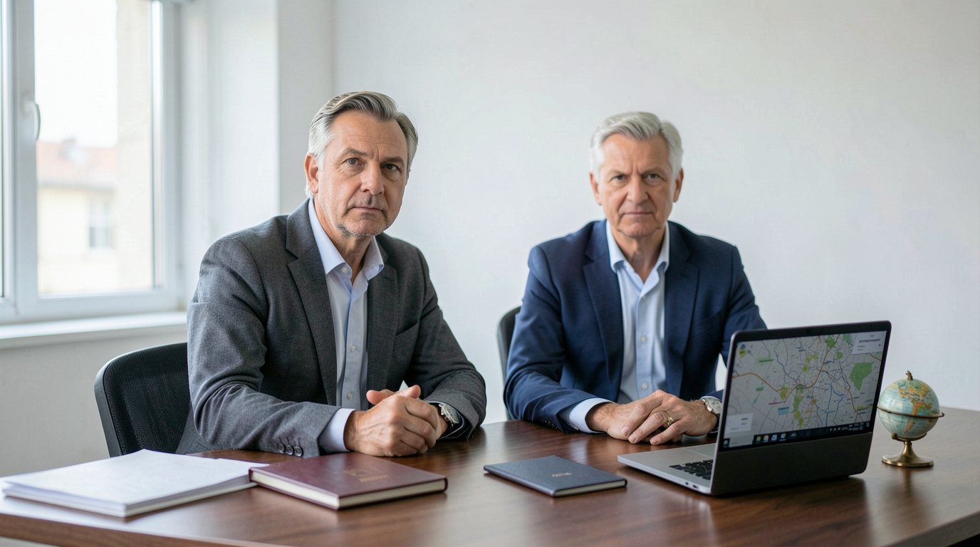 International couple in their forties sitting at a lawyer's desk in a bright European office with a small globe, folders and a laptop showing an unlabelled map