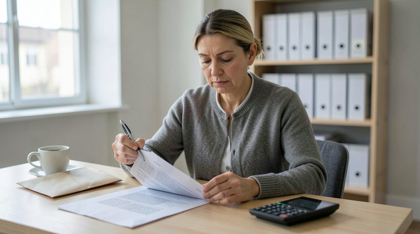 A small business owner in a plain cardigan at a light wooden desk in a sunlit European office, holding a pen above a multi-page printed form with only indistinct grey text, an opened plain envelope and a cup of coffee beside her