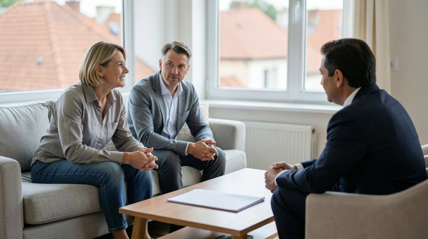A middle-aged couple, a woman and a man in smart casual clothes, sit together on a light sofa in a bright European living room talking with a lawyer in a dark suit who sits in an armchair across a low coffee table with a closed plain folder on it, blurred terracotta rooftops through the window