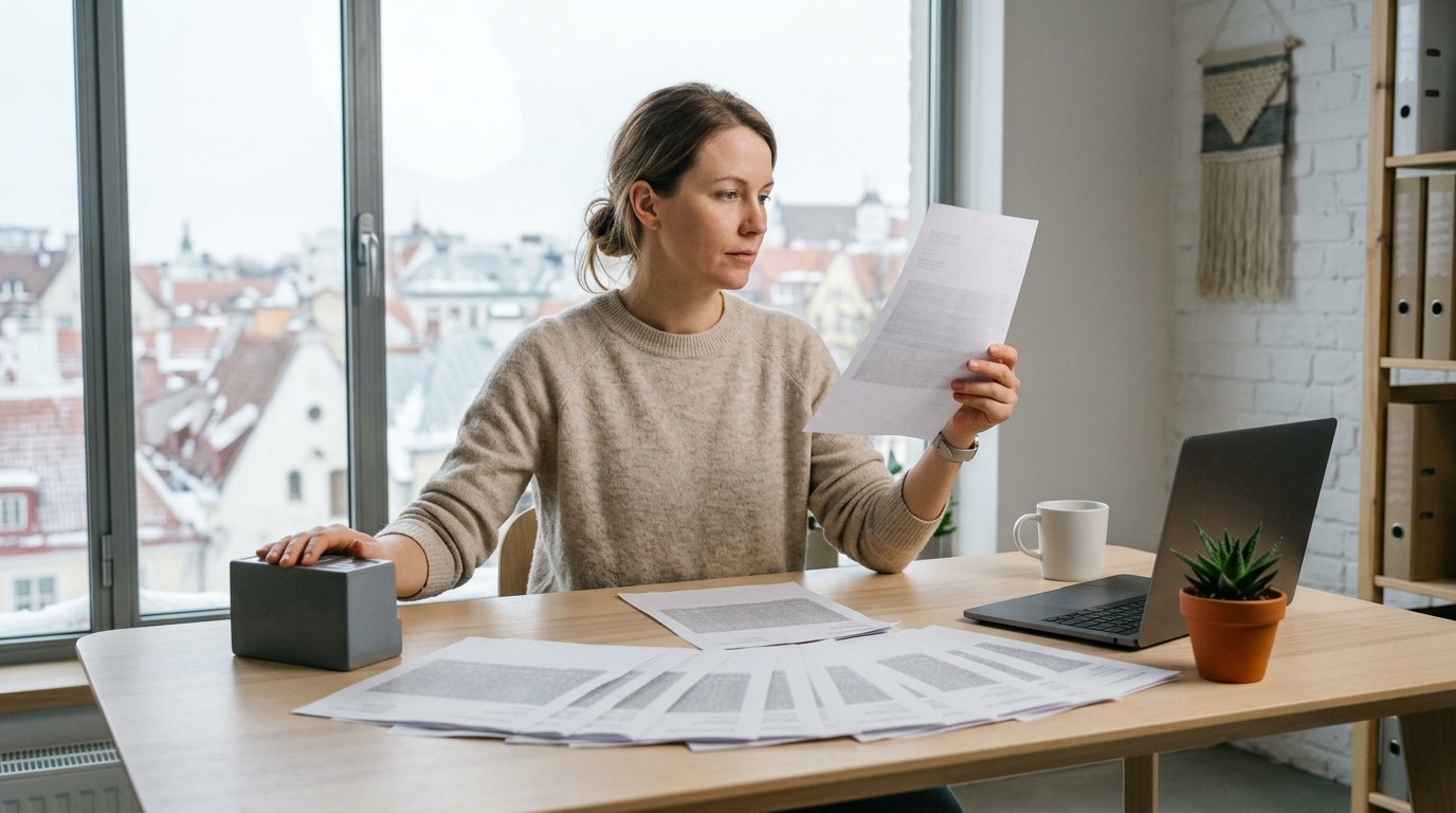 Finance manager reviewing overdue invoices and payment reminders at a desk in an office