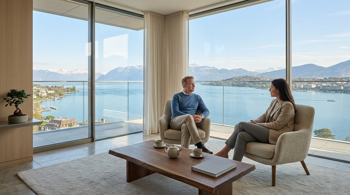 Two people in conversation on a lakeside terrace in Switzerland