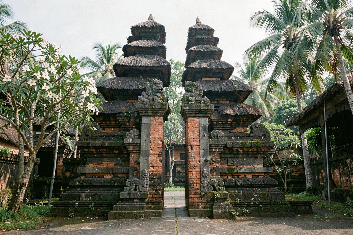 Carved stone split gate and thatched temple roofs in Bali (illustrative image)